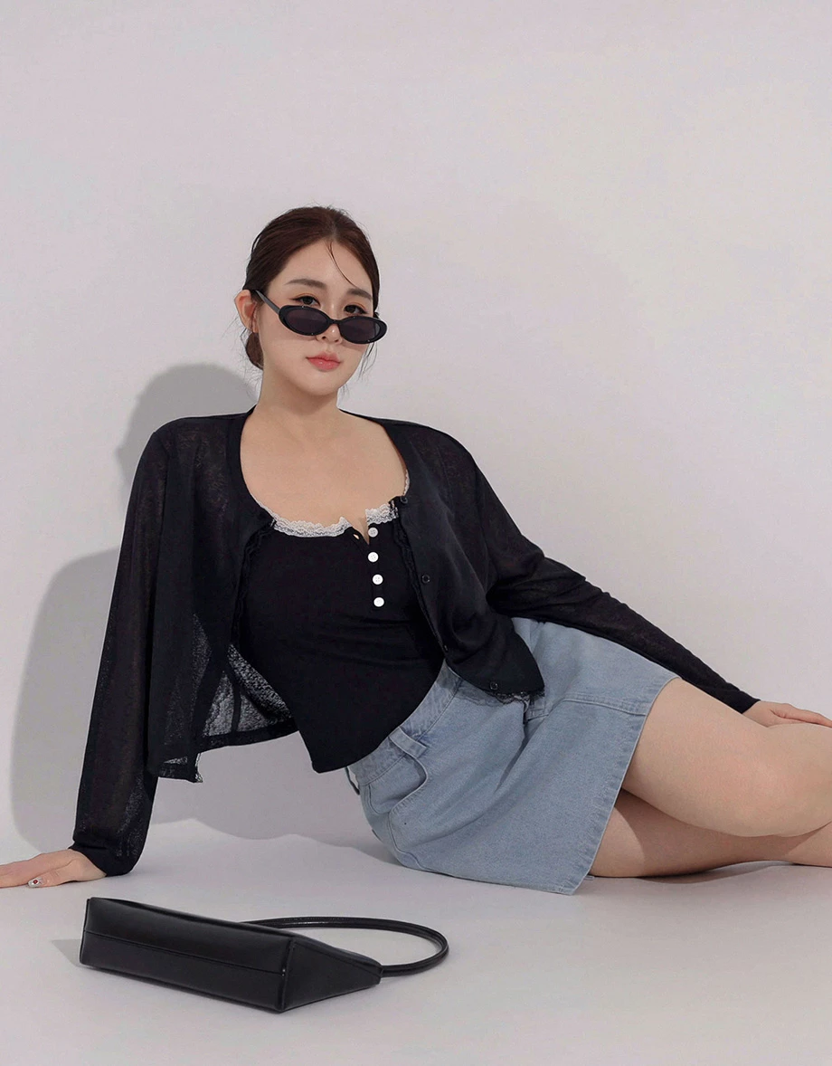 Lace Trim Button Front Sheer Crop Cardigan Lace Trim Button Front Sheer Crop Cardigan