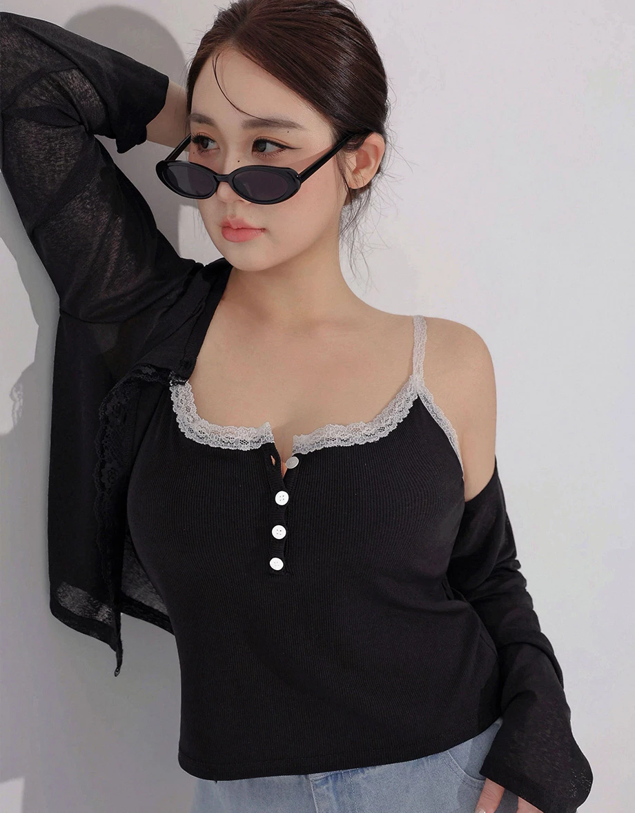 Lace Trim Button Front Sheer Crop Cardigan Lace Trim Button Front Sheer Crop Cardigan