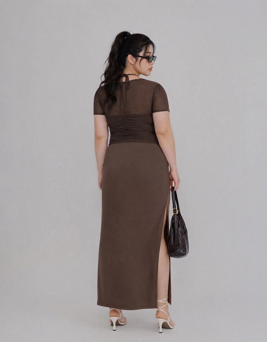 深V領繞頸綁帶包扣短袖透膚馬甲式短版上衣(附胸墊)