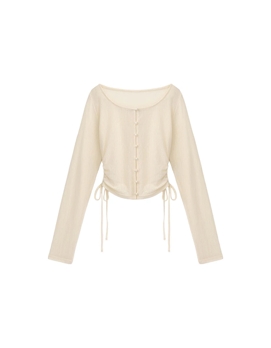 Pearl Button Side Drawstring Ruched Cropped Long Sleeve Top Pearl Button Side Drawstring Ruched Cropped Long Sleeve Top