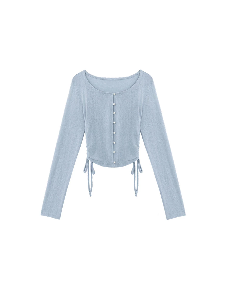 Pearl Button Side Drawstring Ruched Cropped Long Sleeve Top Pearl Button Side Drawstring Ruched Cropped Long Sleeve Top