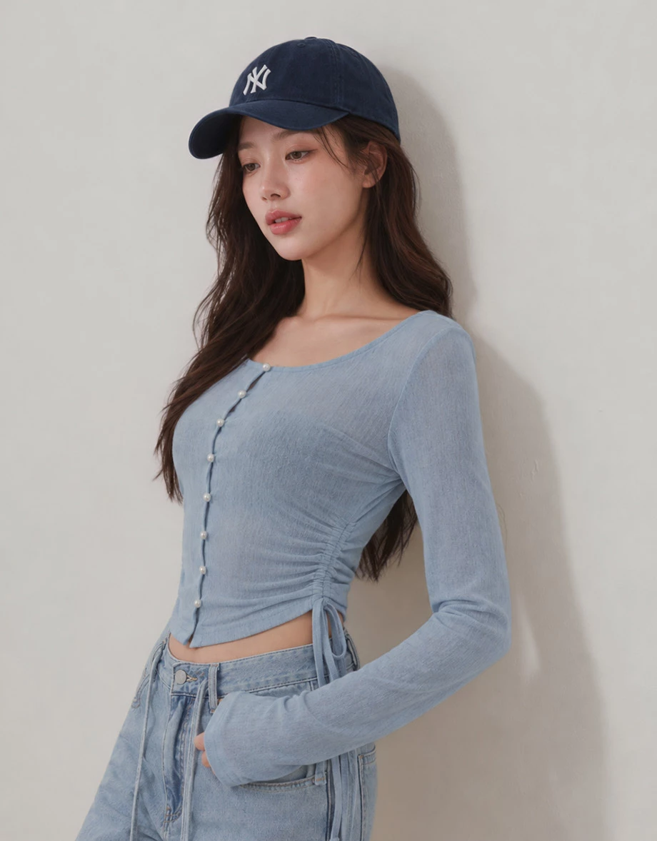 Pearl Button Side Drawstring Ruched Cropped Long Sleeve Top Pearl Button Side Drawstring Ruched Cropped Long Sleeve Top