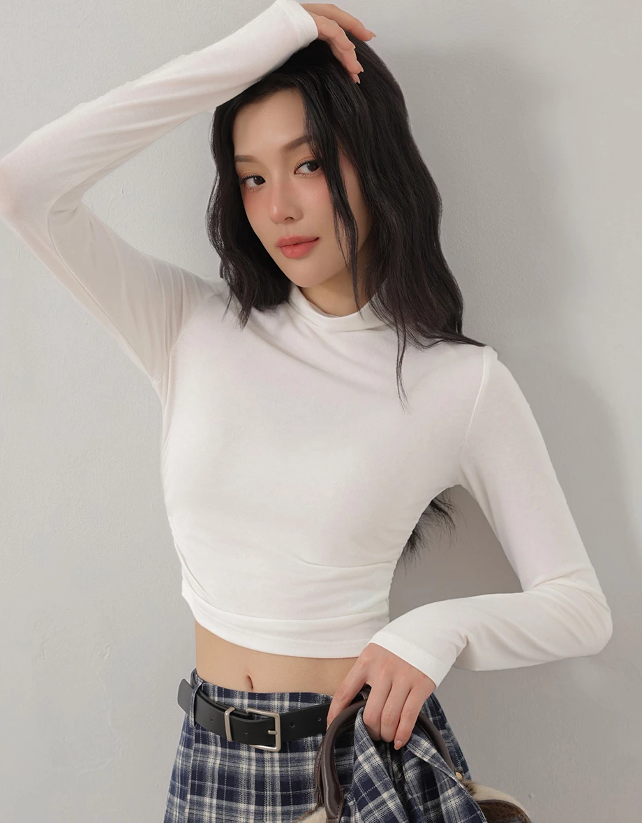 High Neck Side Ruched Fitted Long Sleeve Crop Top High Neck Side Ruched Fitted Long Sleeve Crop Top