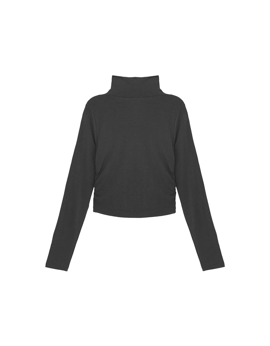High Neck Side Ruched Fitted Long Sleeve Crop Top High Neck Side Ruched Fitted Long Sleeve Crop Top