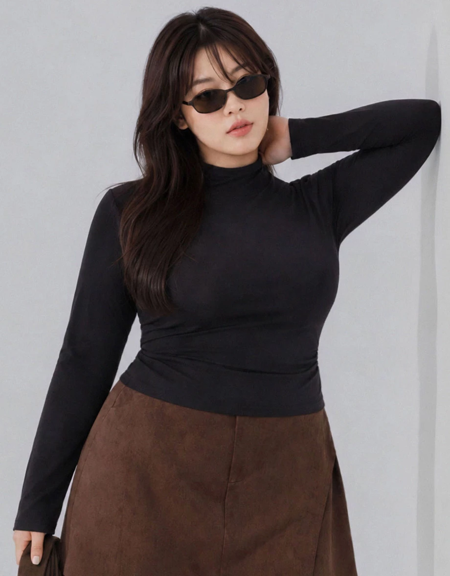 High Neck Side Ruched Fitted Long Sleeve Crop Top