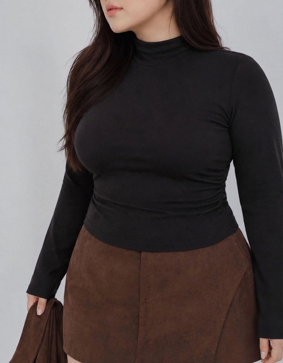 High Neck Side Ruched Fitted Long Sleeve Crop Top High Neck Side Ruched Fitted Long Sleeve Crop Top