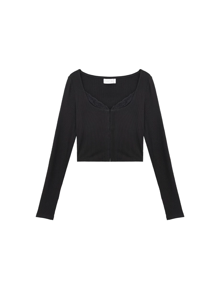 Lace Trim Front Hook and Eye Ribbed Slim Fit Crop Long Sleeve Top Lace Trim Front Hook and Eye Ribbed Slim Fit Crop Long Sleeve Top
