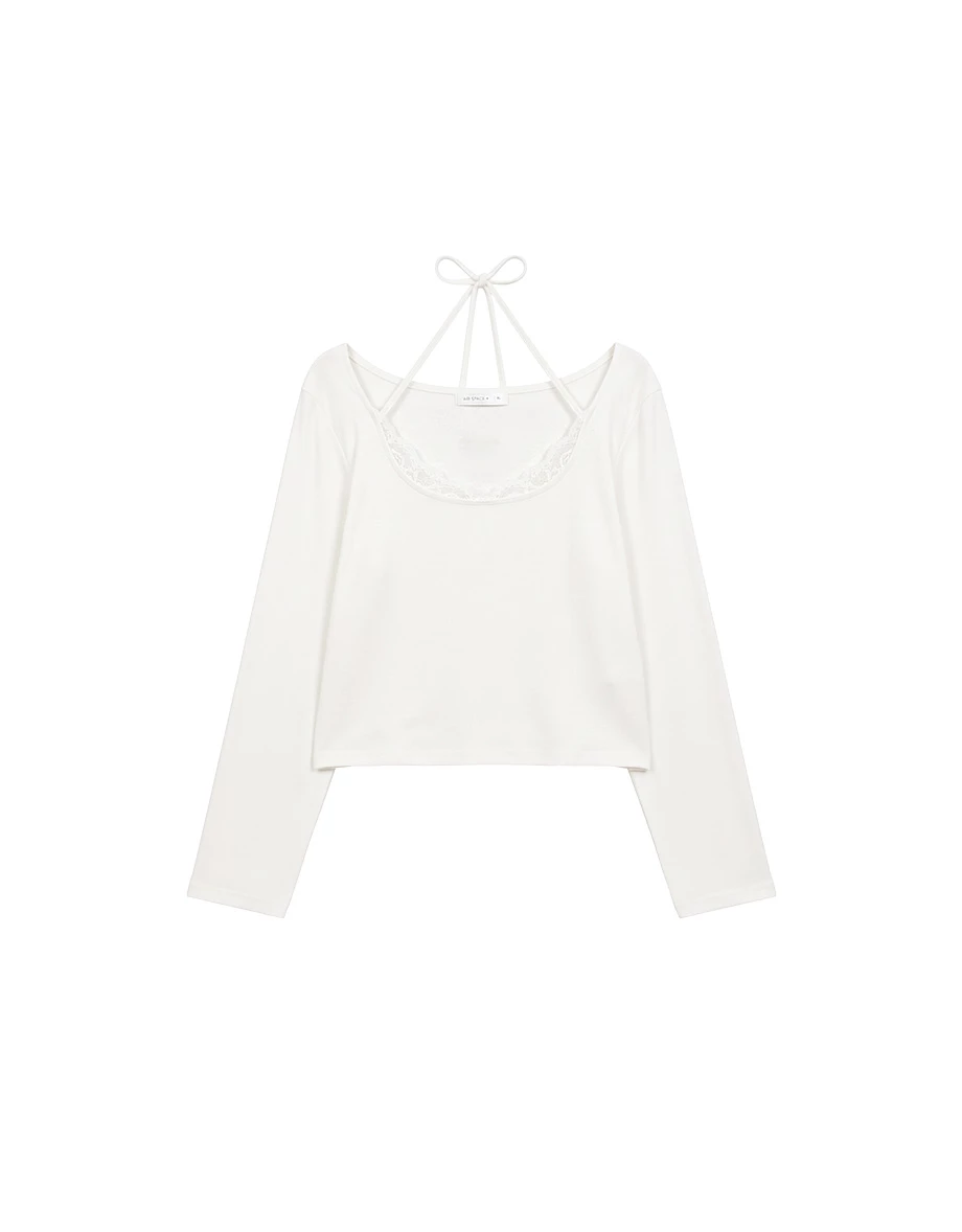 Lace Trim Halter Tie Square Neck Long Sleeve Top
