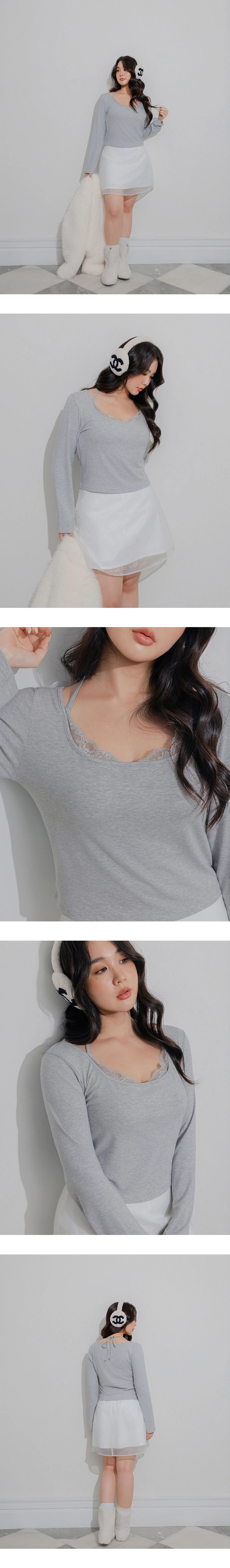 Lace Trim Halter Tie Square Neck Long Sleeve Top