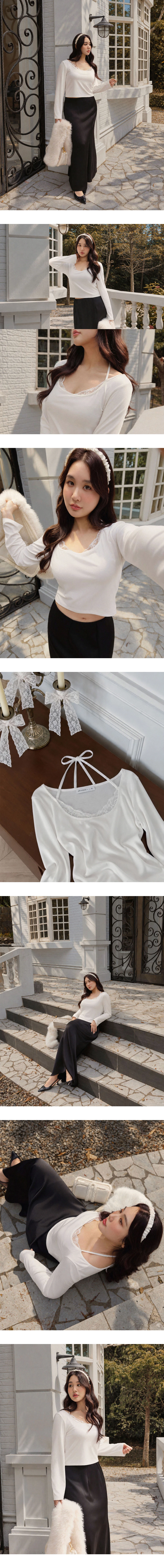 Lace Trim Halter Tie Square Neck Long Sleeve Top