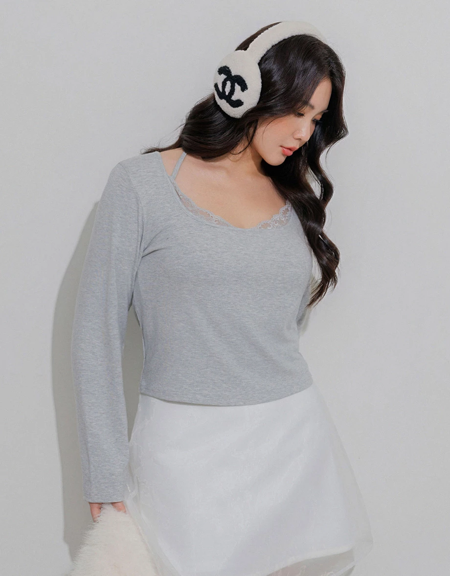Lace Trim Halter Tie Square Neck Long Sleeve Top