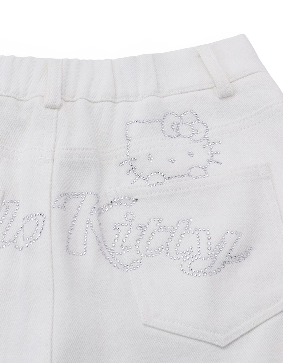 【Hello Kitty】中腰後貼鑽圖字斜紋短裙