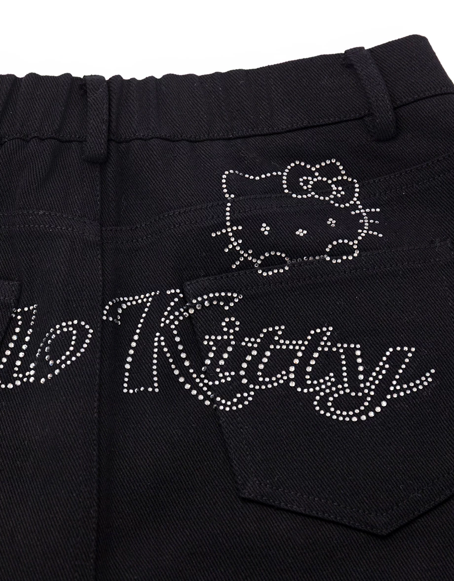【Hello Kitty】中腰後貼鑽圖字斜紋短裙