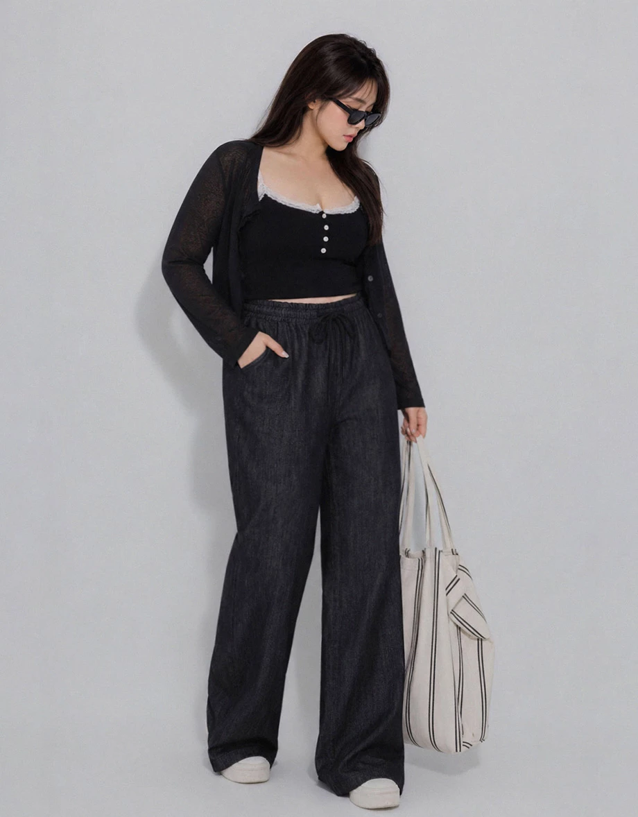 Adjustable Drawstring Waistband Wide Leg Jeans Denim Pants