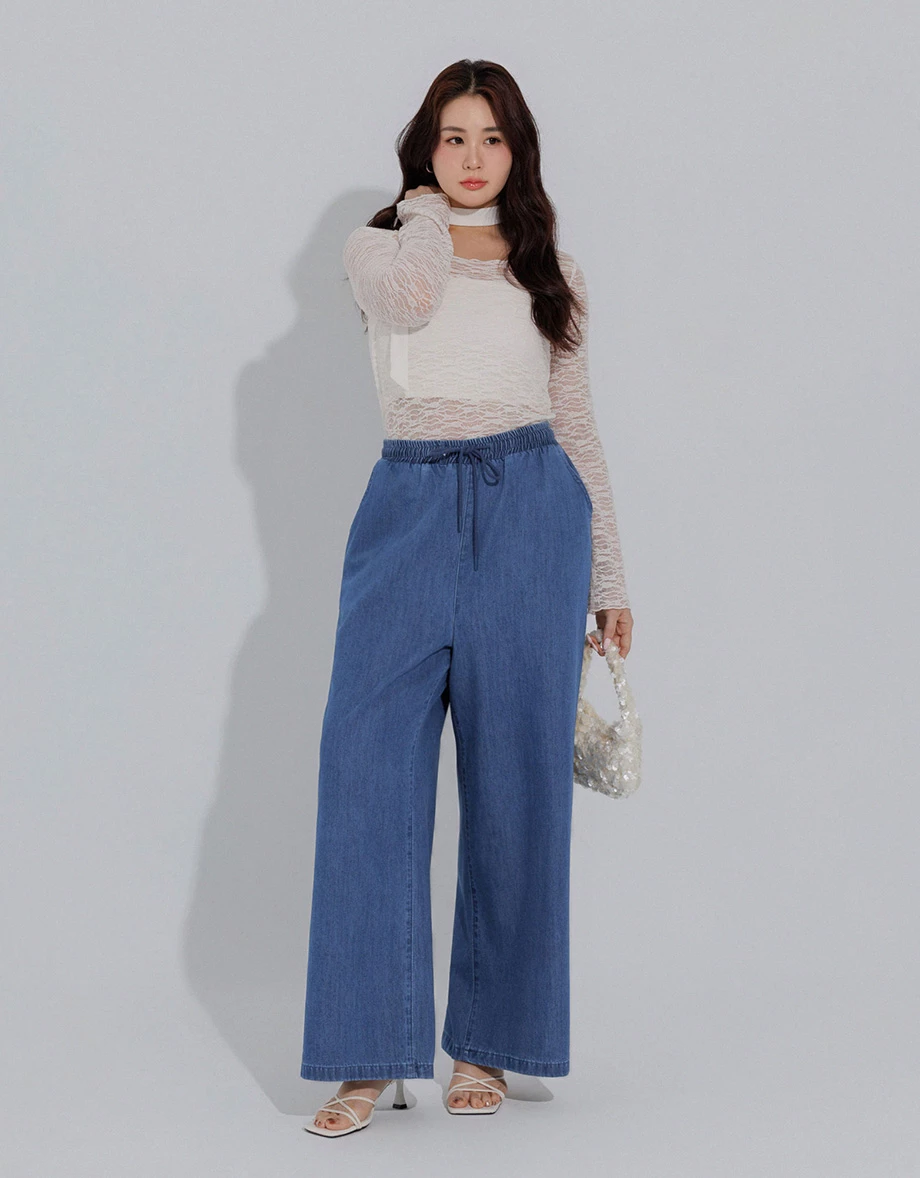 Adjustable Drawstring Waistband Wide Leg Jeans Denim Pants