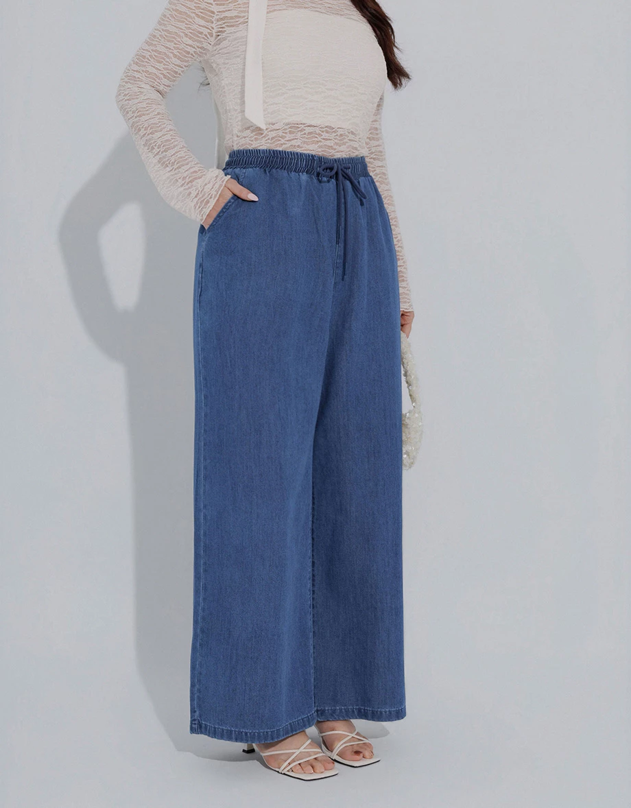 Adjustable Drawstring Waistband Wide Leg Jeans Denim Pants Adjustable Drawstring Waistband Wide Leg Jeans Denim Pants