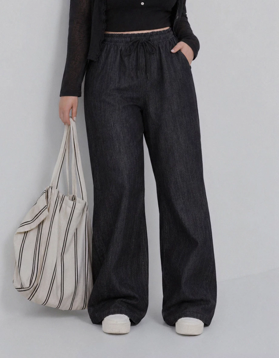 Adjustable Drawstring Waistband Wide Leg Jeans Denim Pants Adjustable Drawstring Waistband Wide Leg Jeans Denim Pants