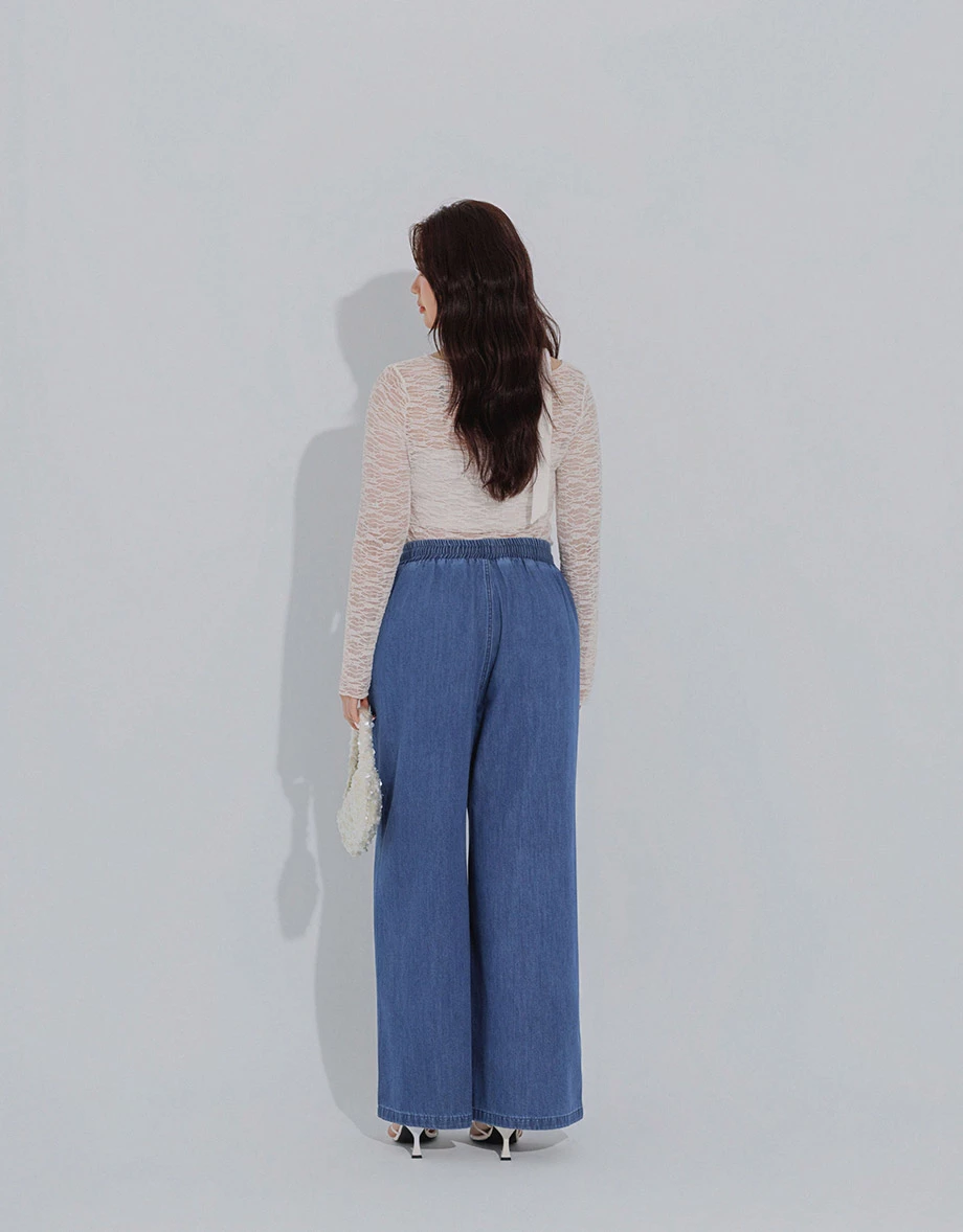 Adjustable Drawstring Waistband Wide Leg Jeans Denim Pants