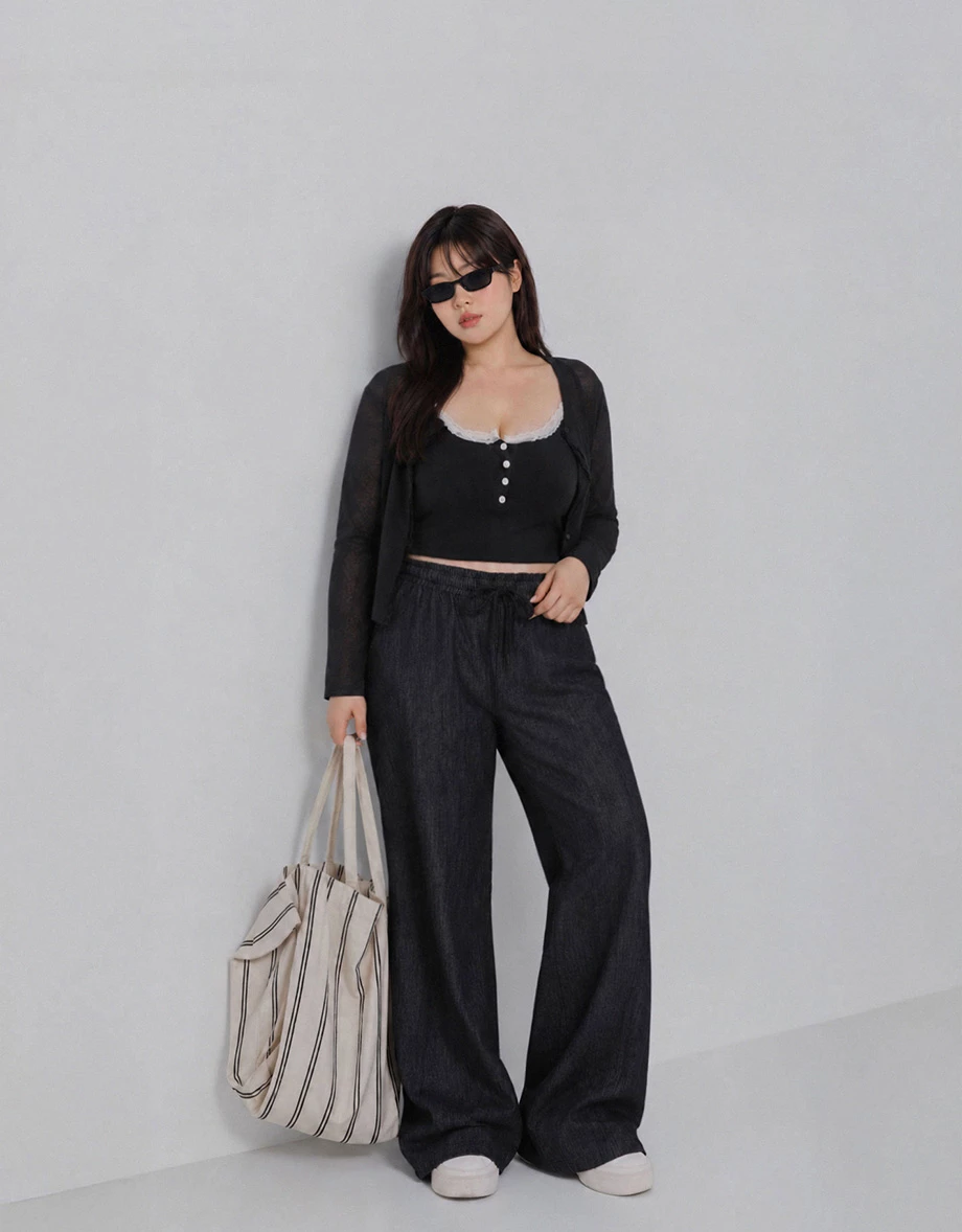 Adjustable Drawstring Waistband Wide Leg Jeans Denim Pants Adjustable Drawstring Waistband Wide Leg Jeans Denim Pants