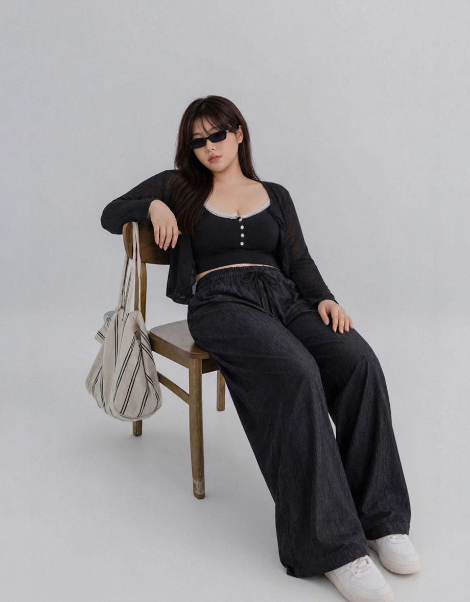 Adjustable Drawstring Waistband Wide Leg Jeans Denim Pants