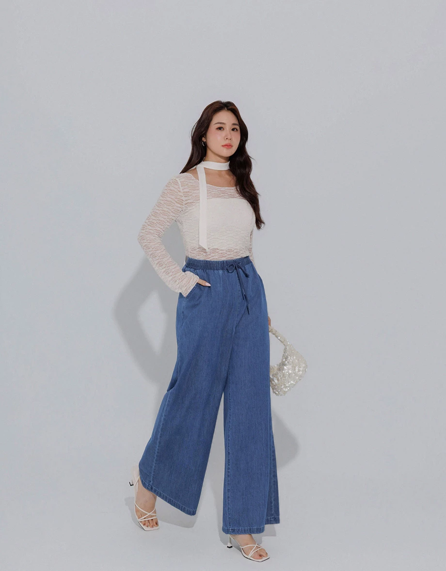Adjustable Drawstring Waistband Wide Leg Jeans Denim Pants Adjustable Drawstring Waistband Wide Leg Jeans Denim Pants