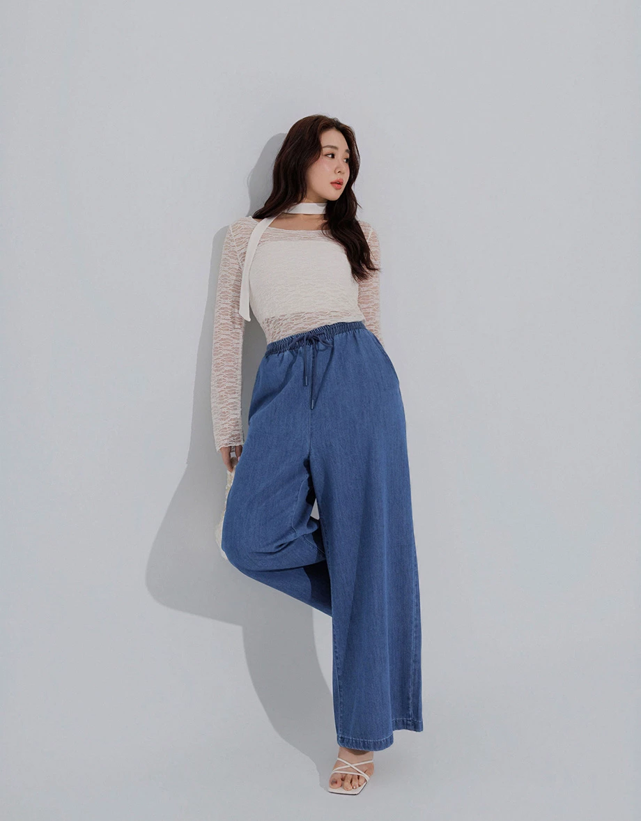 Adjustable Drawstring Waistband Wide Leg Jeans Denim Pants Adjustable Drawstring Waistband Wide Leg Jeans Denim Pants