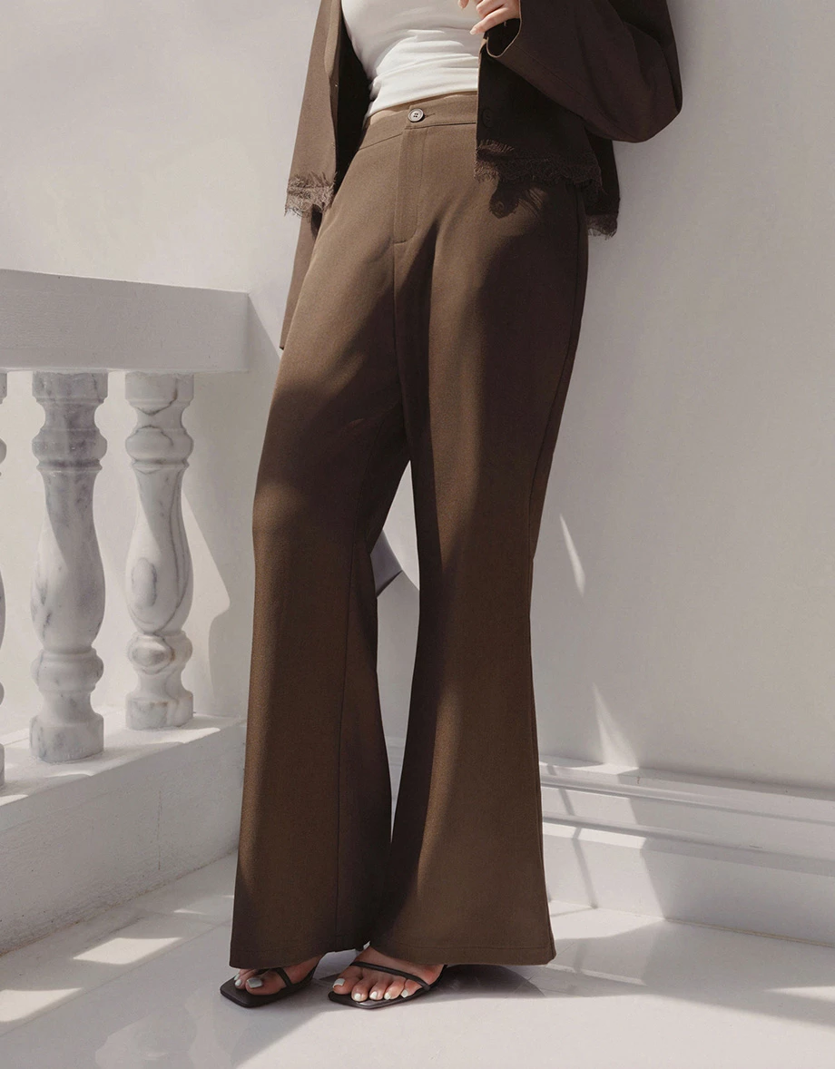 High Waist Elastic Back Flared Tailored Trousers