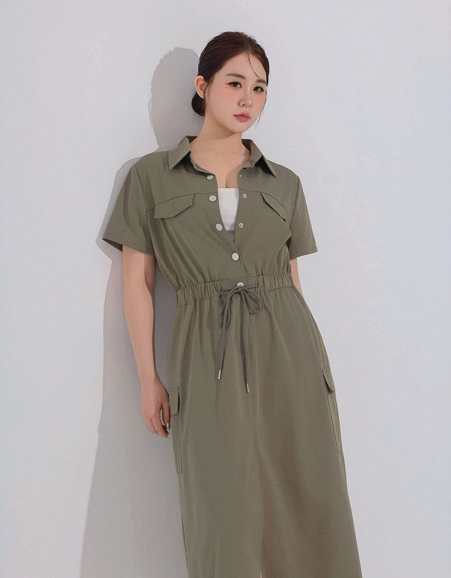 Snap Button Collared Cargo Utility Maxi Shirt Dress Snap Button Collared Cargo Utility Maxi Shirt Dress