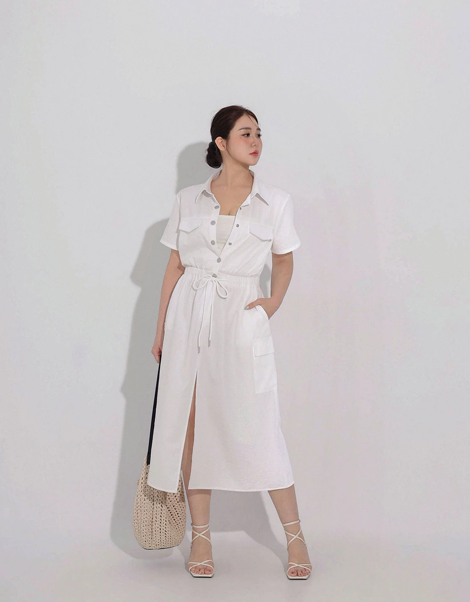 Snap Button Collared Cargo Utility Maxi Shirt Dress Snap Button Collared Cargo Utility Maxi Shirt Dress