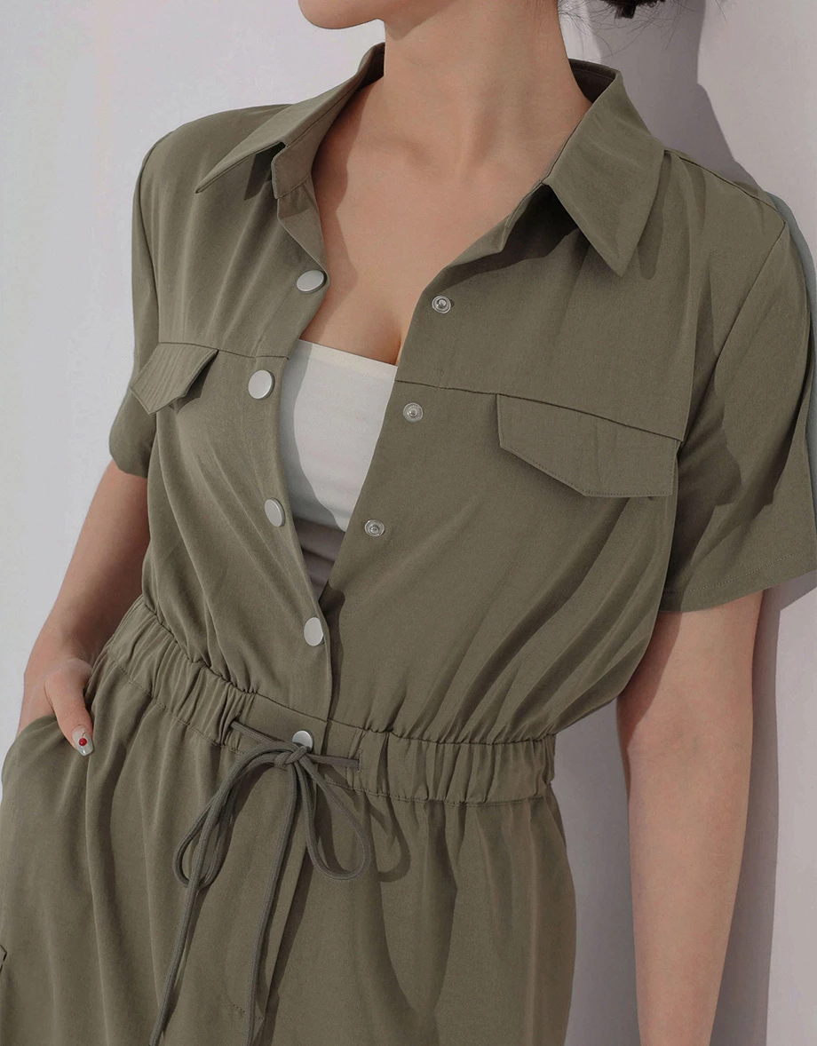 Snap Button Collared Cargo Utility Maxi Shirt Dress Snap Button Collared Cargo Utility Maxi Shirt Dress