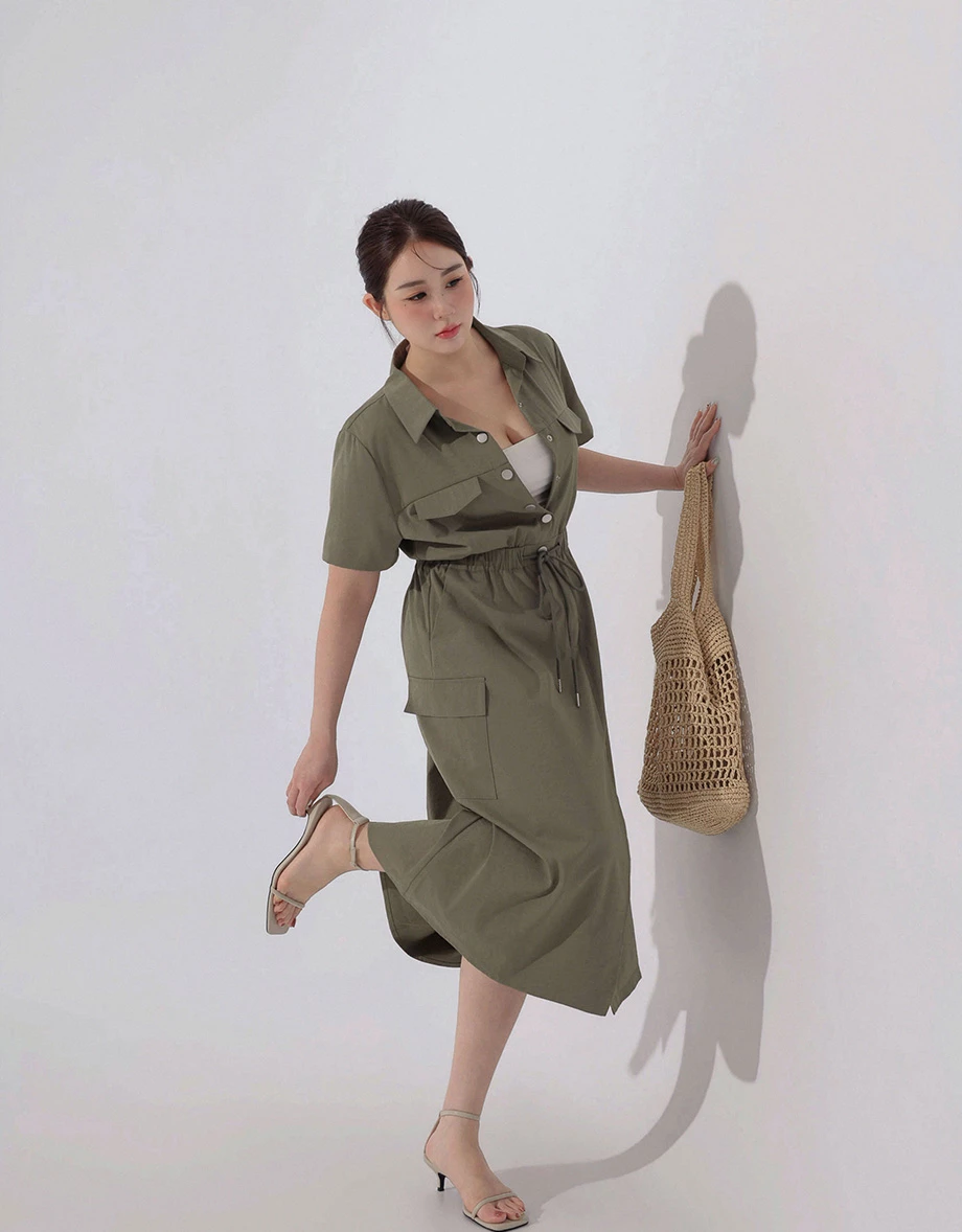Snap Button Collared Cargo Utility Maxi Shirt Dress Snap Button Collared Cargo Utility Maxi Shirt Dress