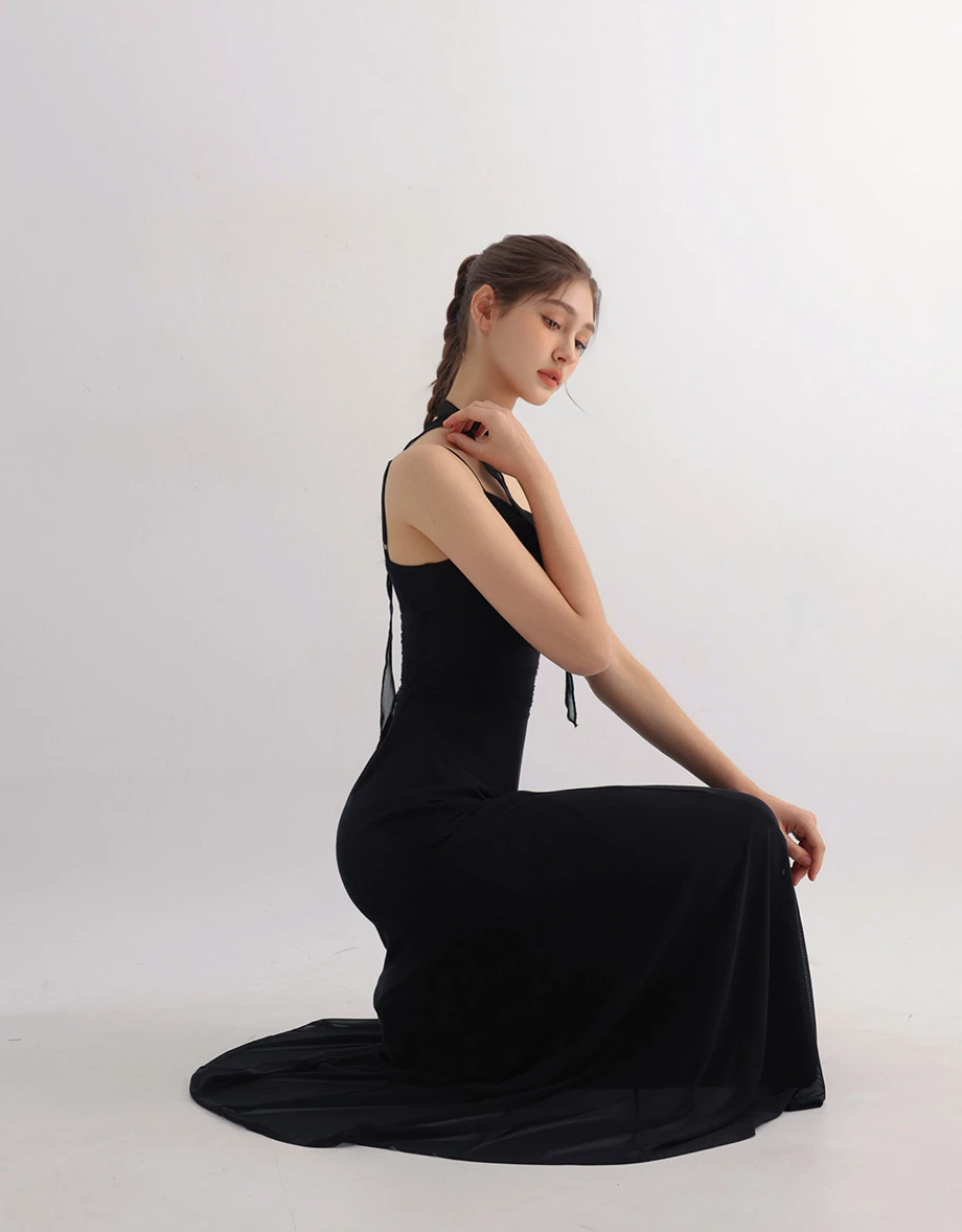 AIRY HOURGLASS Scarf Tie Draped Neckline Adjustable Strap Ruched Mesh Overlay Padded Maxi Dress AIRY HOURGLASS Scarf Tie Draped Neckline Adjustable Strap Ruched Mesh Overlay Padded Maxi Dress