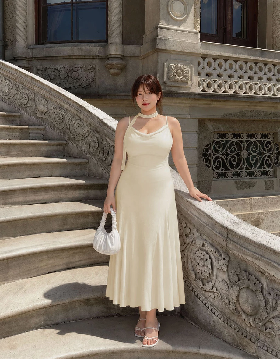 AIRY HOURGLASS Scarf Tie Draped Neckline Adjustable Strap Ruched Mesh Overlay Padded Maxi Dress AIRY HOURGLASS Scarf Tie Draped Neckline Adjustable Strap Ruched Mesh Overlay Padded Maxi Dress