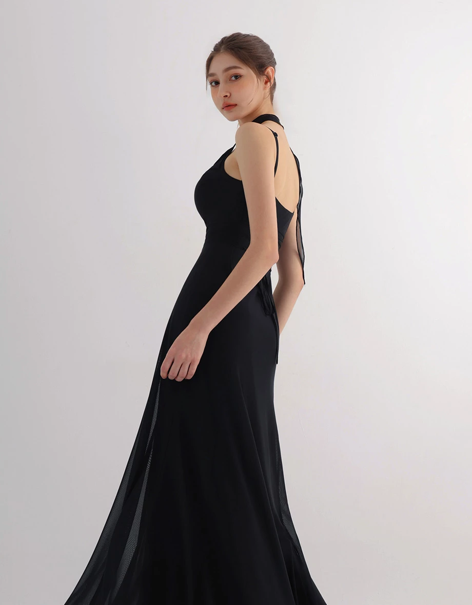 AIRY HOURGLASS Scarf Tie Draped Neckline Adjustable Strap Ruched Mesh Overlay Padded Maxi Dress AIRY HOURGLASS Scarf Tie Draped Neckline Adjustable Strap Ruched Mesh Overlay Padded Maxi Dress