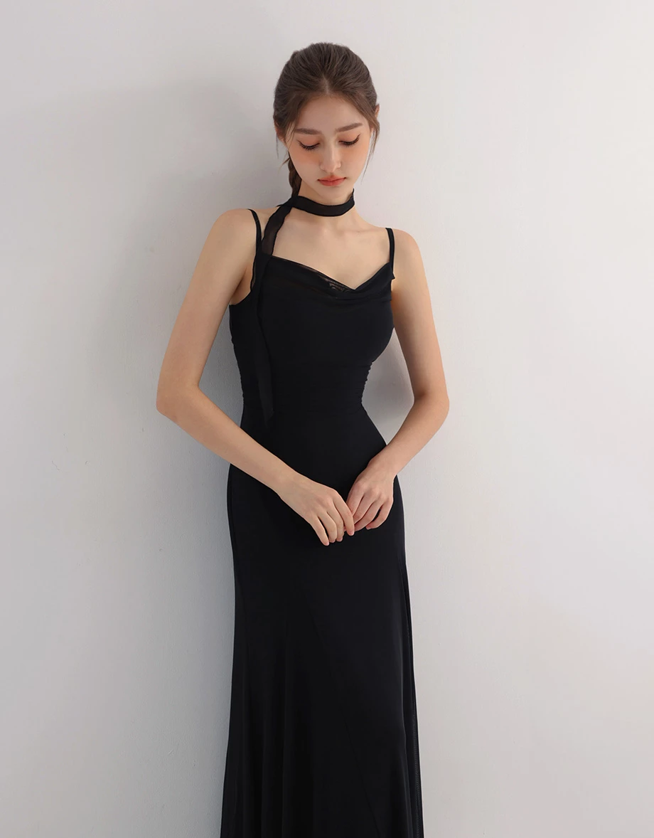 AIRY HOURGLASS Scarf Tie Draped Neckline Adjustable Strap Ruched Mesh Overlay Padded Maxi Dress AIRY HOURGLASS Scarf Tie Draped Neckline Adjustable Strap Ruched Mesh Overlay Padded Maxi Dress