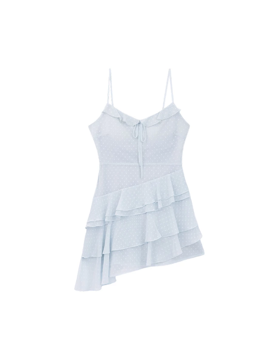 Polka Dot Tiered Ruffled Hem Padded Mini Dress