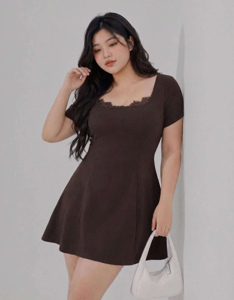 AIRY HOURGLASS Lace Trim Square Neck Short Sleeve Mini Dress