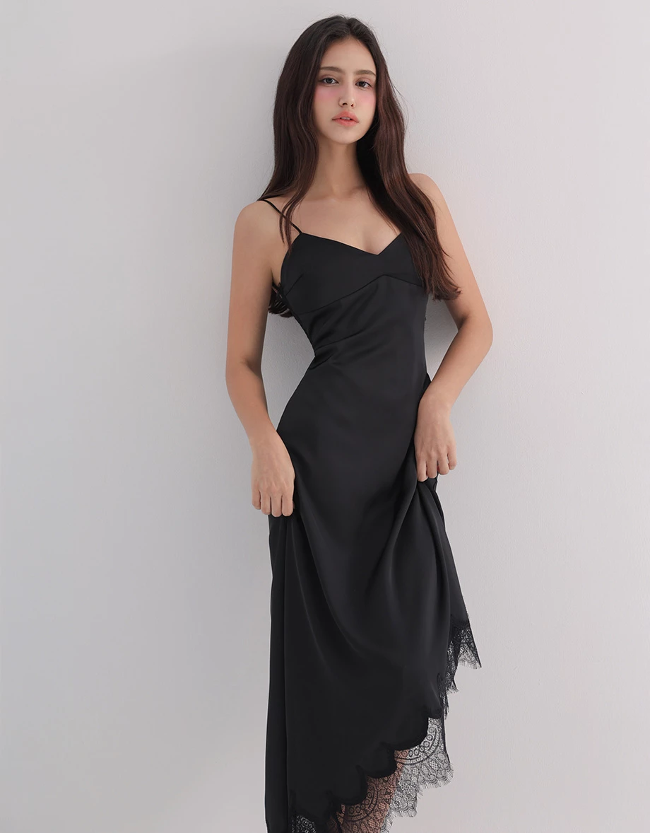 V Neck Asymmetric Lace Hem Backless Tie Padded Satin Maxi Dress V Neck Asymmetric Lace Hem Backless Tie Padded Satin Maxi Dress