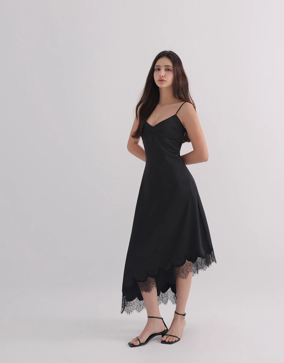 V Neck Asymmetric Lace Hem Backless Tie Padded Satin Maxi Dress V Neck Asymmetric Lace Hem Backless Tie Padded Satin Maxi Dress