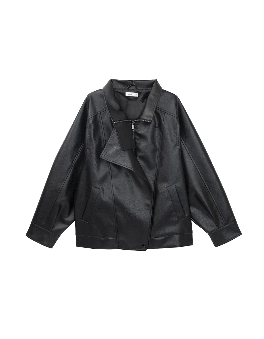 Asymmetric Zip Funnel Neck Faux Leather Biker Jacket Asymmetric Zip Funnel Neck Faux Leather Biker Jacket