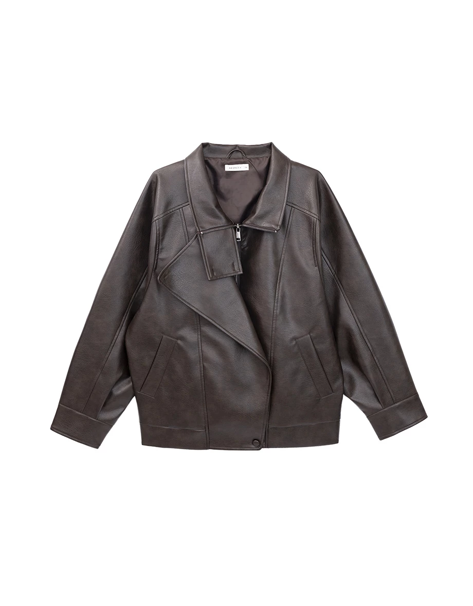 Asymmetric Zip Funnel Neck Faux Leather Biker Jacket Asymmetric Zip Funnel Neck Faux Leather Biker Jacket