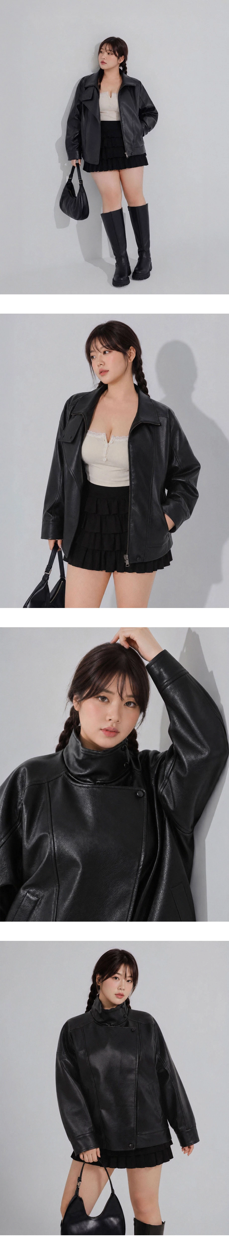 Asymmetric Zip Funnel Neck Faux Leather Biker Jacket Asymmetric Zip Funnel Neck Faux Leather Biker Jacket