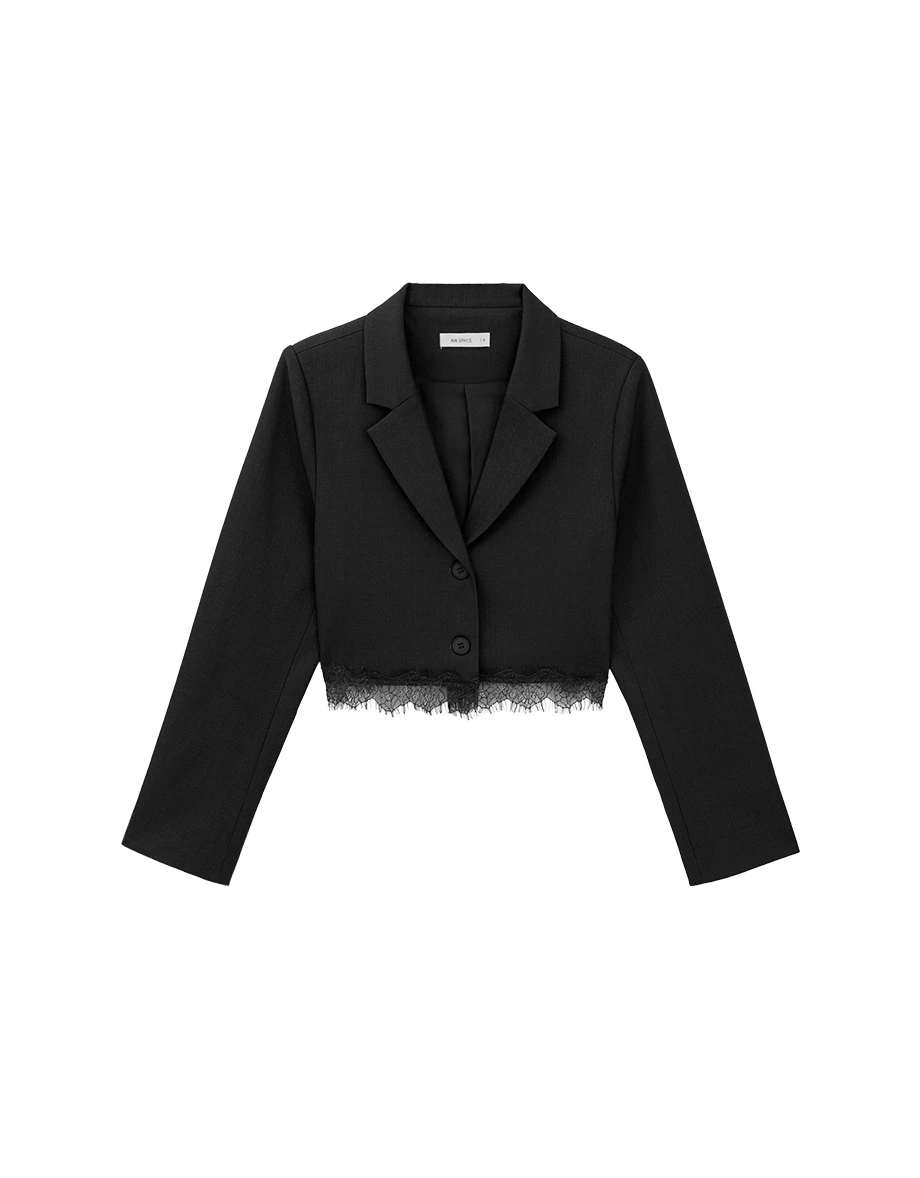 Collar Lapel Lace Hem Crop Long Sleeve Tailored Blazer (with Shoulder Pads)
