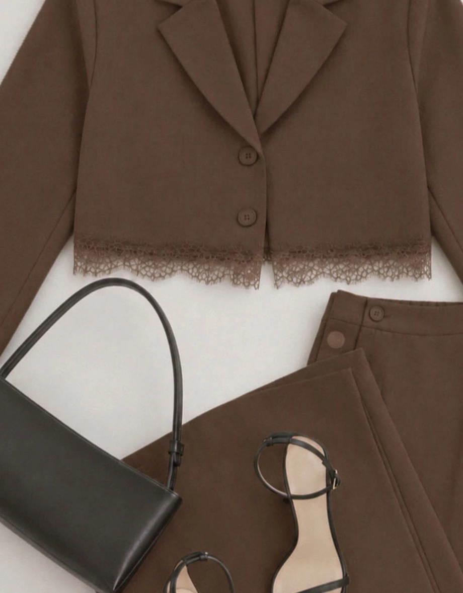Collar Lapel Lace Hem Crop Long Sleeve Tailored Blazer (with Shoulder Pads)