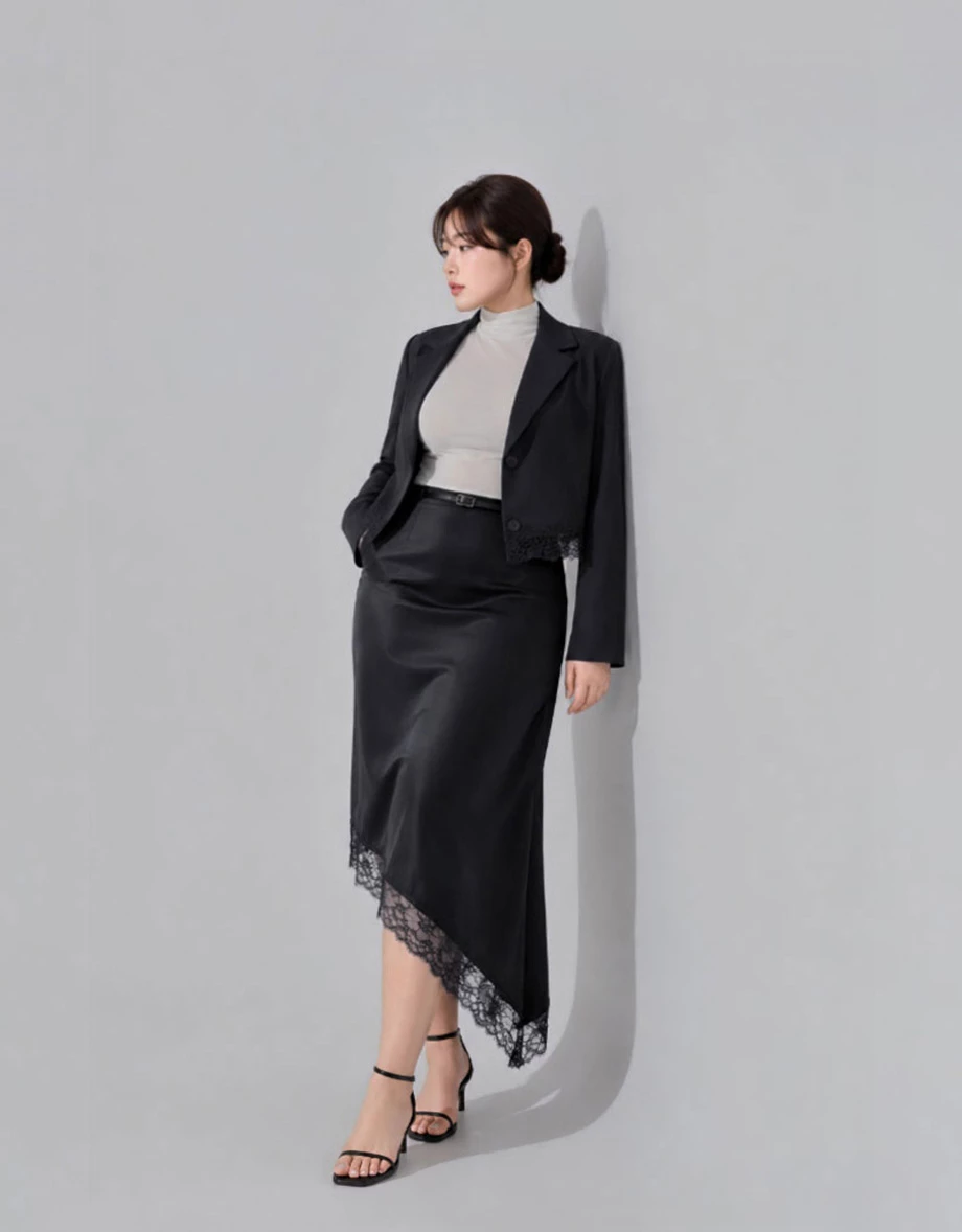 Collar Lapel Lace Hem Crop Long Sleeve Tailored Blazer (with Shoulder Pads)