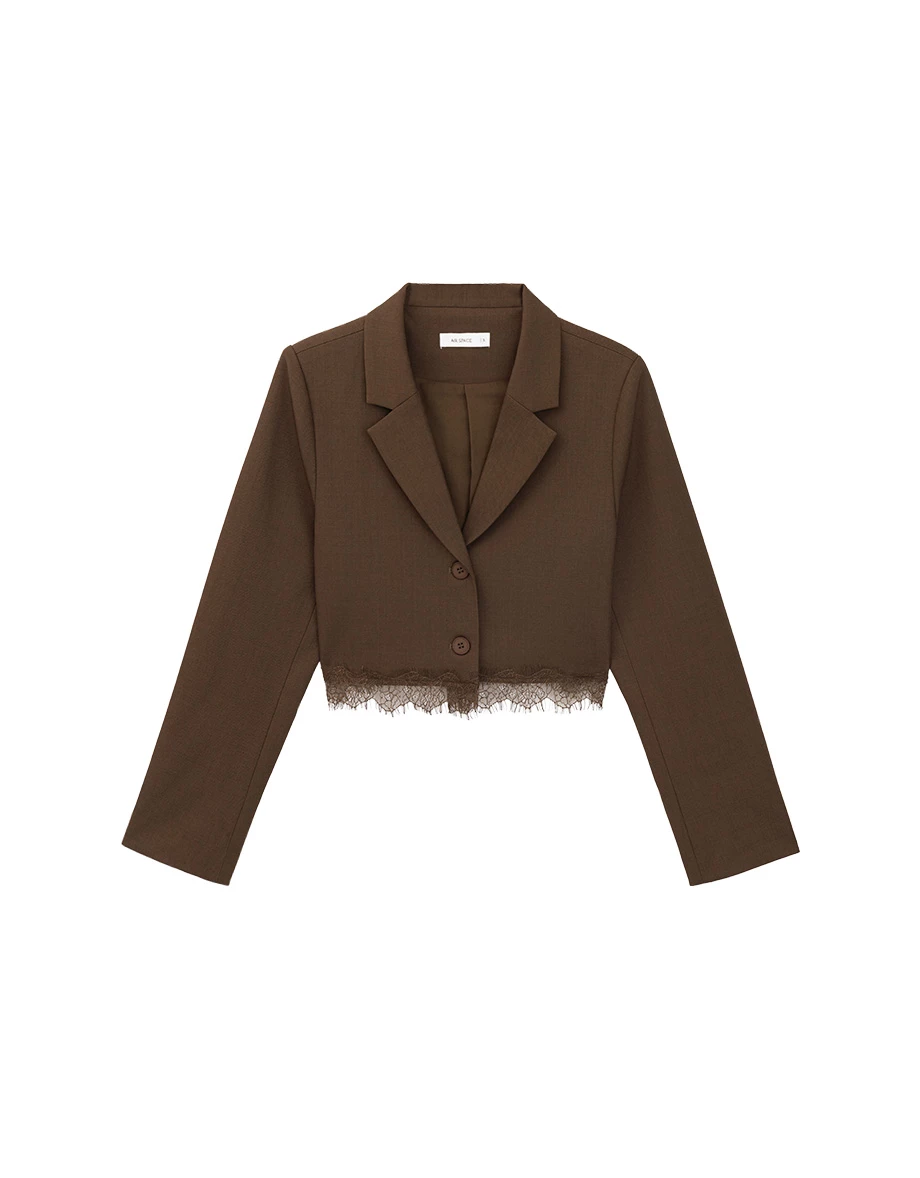 Collar Lapel Lace Hem Crop Long Sleeve Tailored Blazer (with Shoulder Pads)