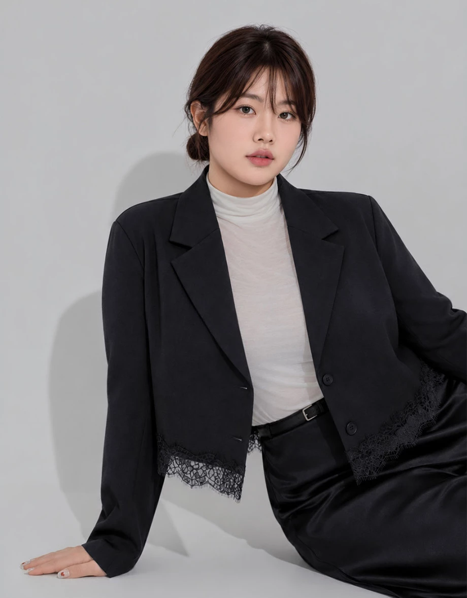 Collar Lapel Lace Hem Crop Long Sleeve Tailored Blazer (with Shoulder Pads)