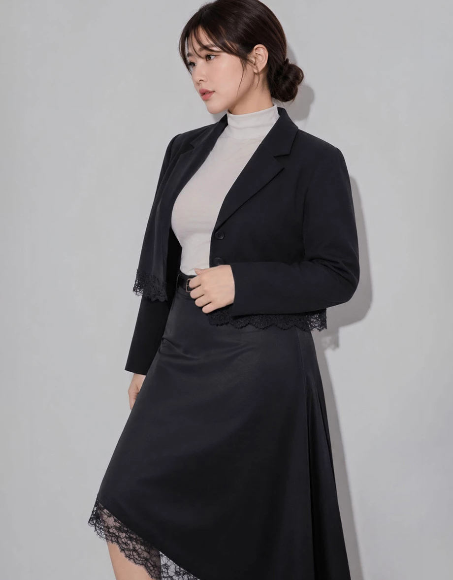Collar Lapel Lace Hem Crop Long Sleeve Tailored Blazer (with Shoulder Pads)