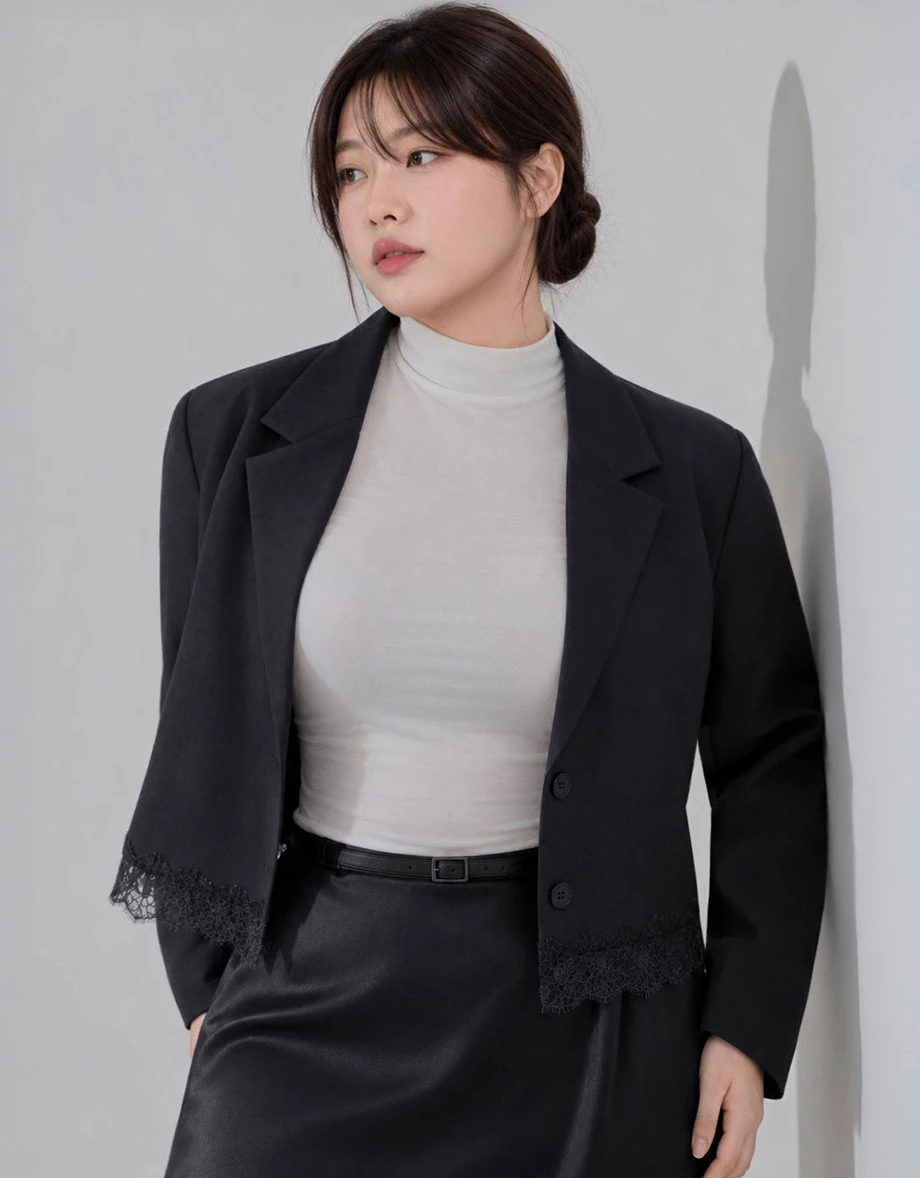Collar Lapel Lace Hem Crop Long Sleeve Tailored Blazer (with Shoulder Pads)