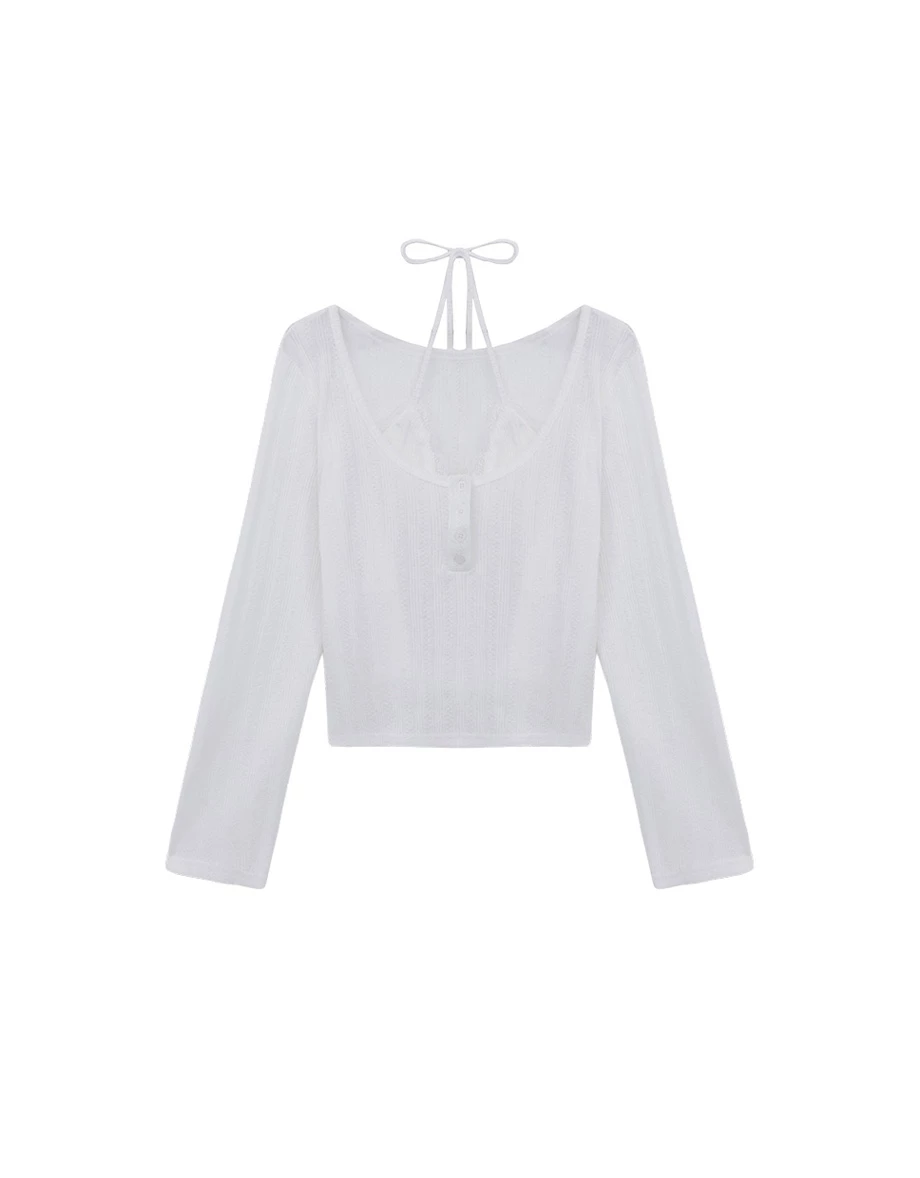 繞頸綁帶蕾絲短版背心亨利領長袖羅紋上衣套裝